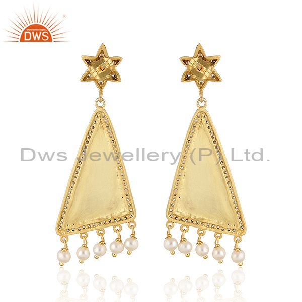 Suppliers 22K Yellow Gold Plated Brass Cubic Zirconia And Pearl Designer Dangle Earrings
