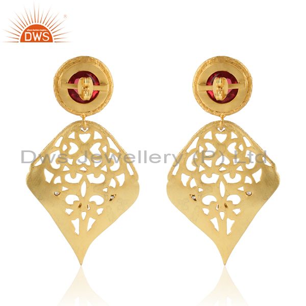 Suppliers 18K Yellow Gold Plated Brass Pink Glass And Cubic Zirconia Dangle Leaf Earrings
