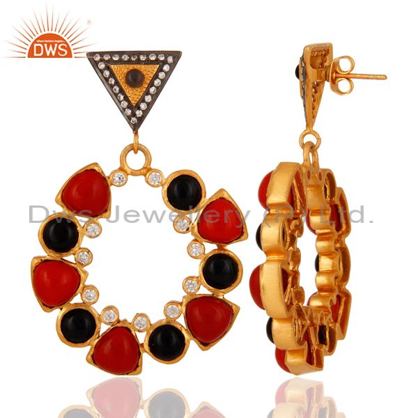 Suppliers Handmade Black Onyx Gemstone & CZ Designer Earrings with 18K Yellow Gold Plated