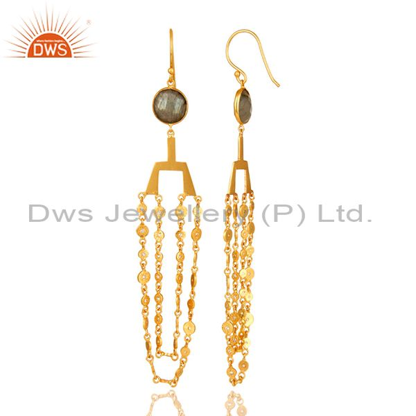 Suppliers 24K Yellow Gold Plated Brass Labradorite Gemstone Chain Chandelier Earrings