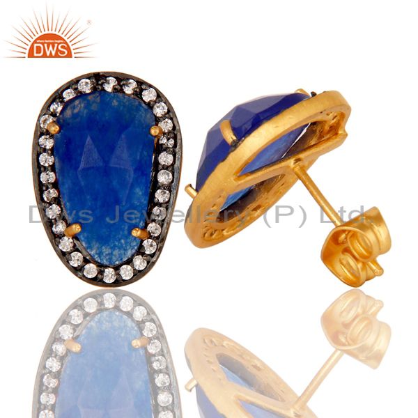 Suppliers Natural Blue Aventurine and White CZ Yellow Gold Plated Stud Boutique Jewelry