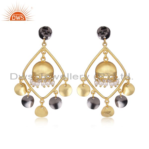 14K Gold Plated Traditional Handmade Pearl Round Beads Jhumka Brass Earrings