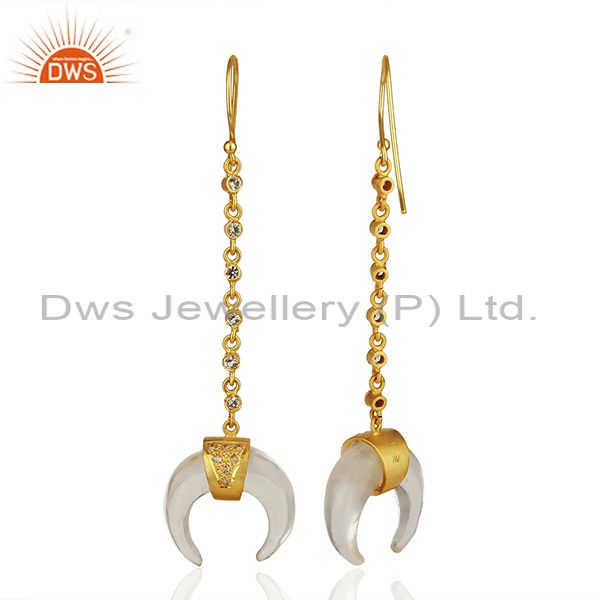 Suppliers Crystal Quartz Crescent Moon 925 Sterling Silver 18k Gold Plated Dangle Earring