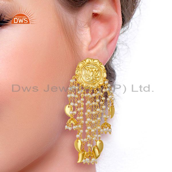 Suppliers 14K Gold Plated Handmade Lotus Carving Pearl Chandelier Fashion Earring Jewelry
