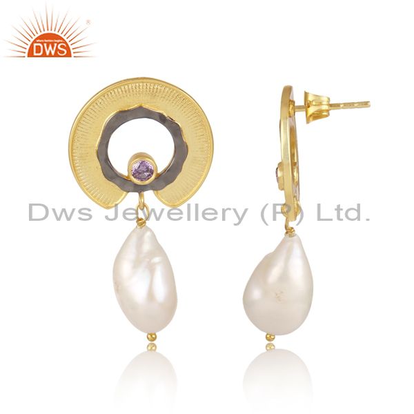 Fresh Water Pearl And Zircon Amethyst Brass Gold Earrings
