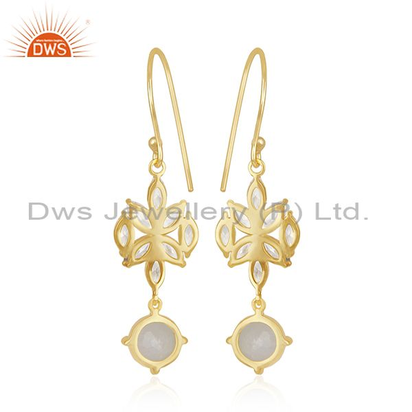 Suppliers Gold Plated Brass White Zircon and Rainbow Moonstone Dangle Earring Manufacturer