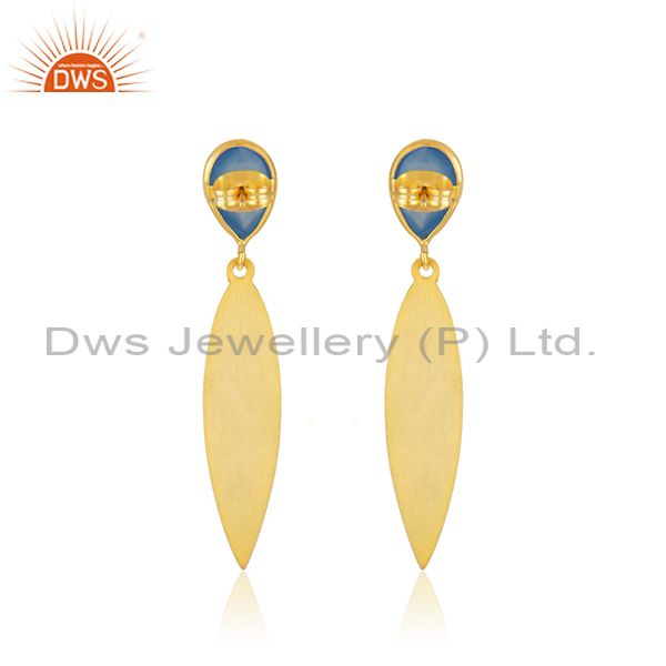 Suppliers Texture Designer Gold Plated Brass Blue Chalcedony Gemstone Earrings Jewelry