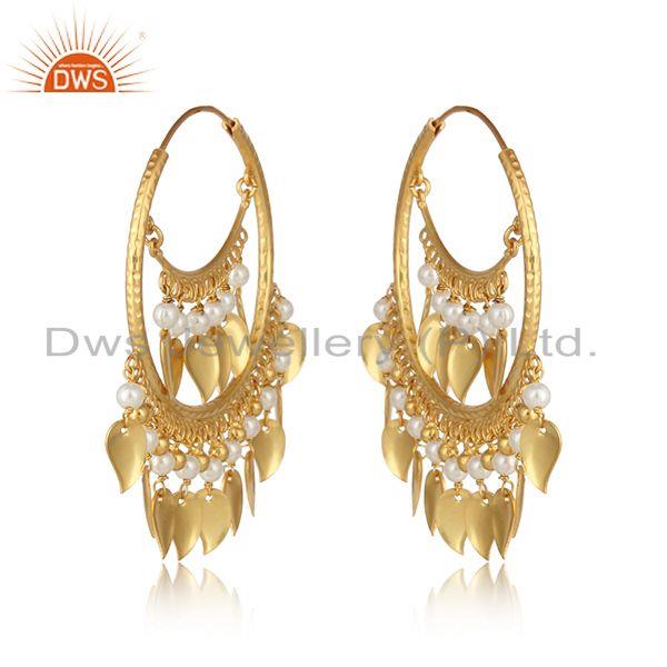 Traditional pearl yellow gold on chand bali fashion hoop earrings