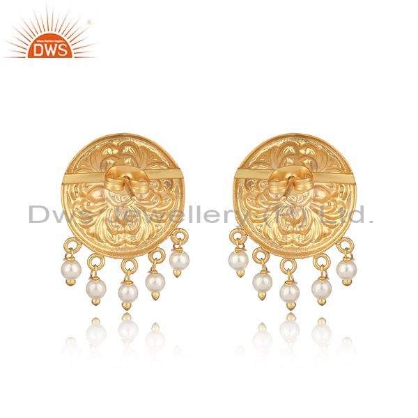 Handcrafted textured yellow gold on fashion earring with pearl