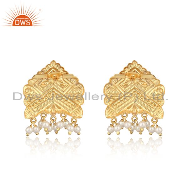 Handcrafted traditional yellow gold on fashion earring with pearl