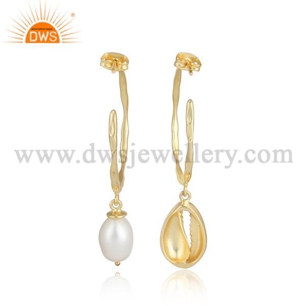 Pearl Set Brass Gold Hoop Earrings
