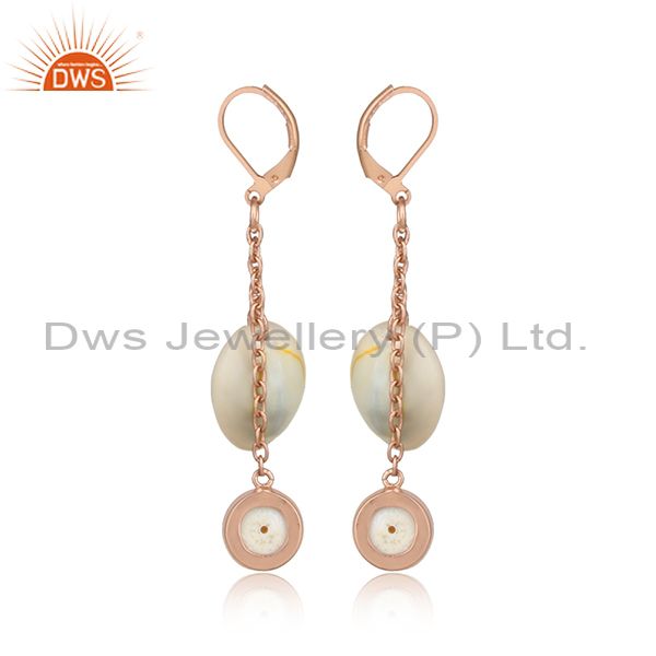 Cowrie Fancy And Pearl Cabushion Rose Gold Brass Earrings