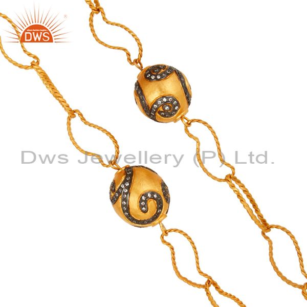 Suppliers 22K Gold Plated Brass Twisted Wire Link Chain Necklace With CZ Spheres