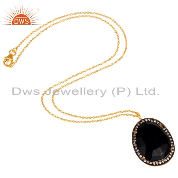Suppliers 22K Yellow Gold Plated Black Onyx and Cubic Zirconia Pendant With Chain