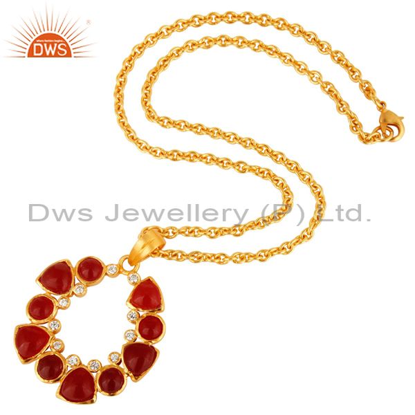 Suppliers Handmade Red Aventurine And CZ Gold Plated Pendant With 16" Inch Chain
