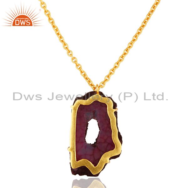 Suppliers 18K Yellow Gold Plated Natural Purple Druzy Agate Prong Set Pendant With Chain
