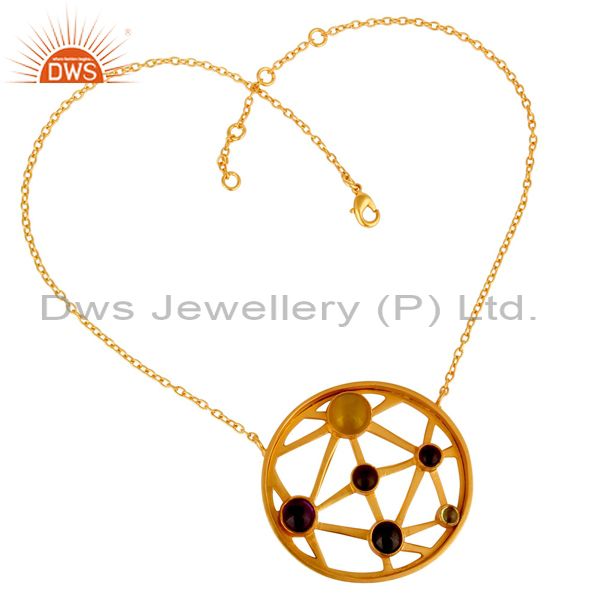 Exporter 24K Gold Plated Sterling Silver Multi Colored Gemstone Circle Pendant Necklace
