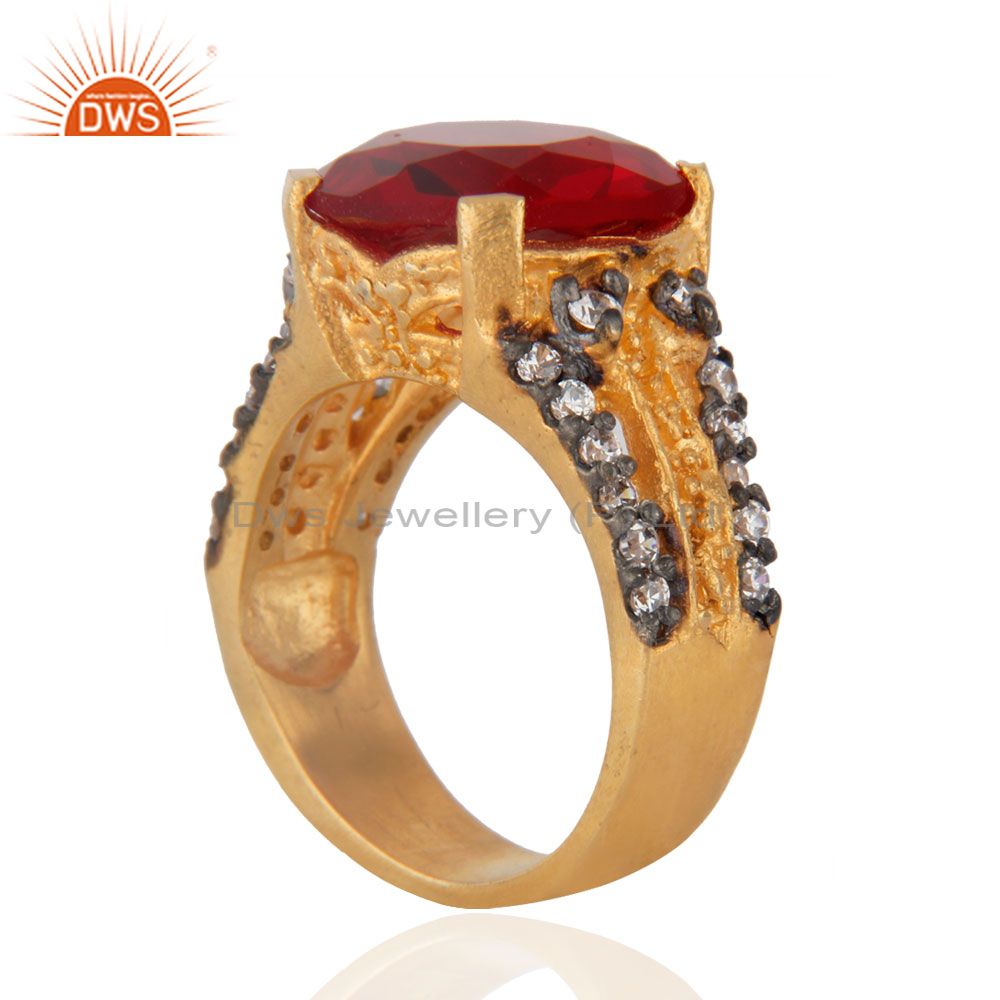 Suppliers 18K Yellow Gold Plated Red Glass & White Cubic Zirconia Fashion Ring For Women