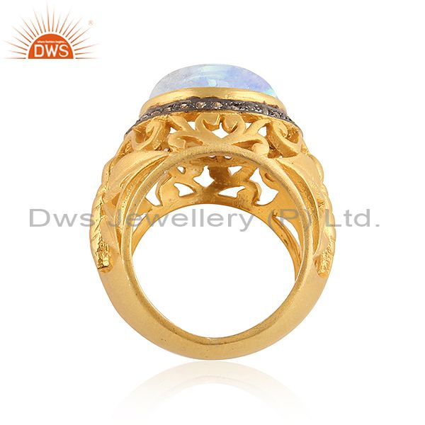 Suppliers Natural Rainbow Moonstone 24k Yellow Gold Plated White Zircon Designer Ring