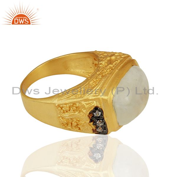 Suppliers 14K Yellow Gold Plated Brass Rainbow Moonstone Designer Ring With CZ