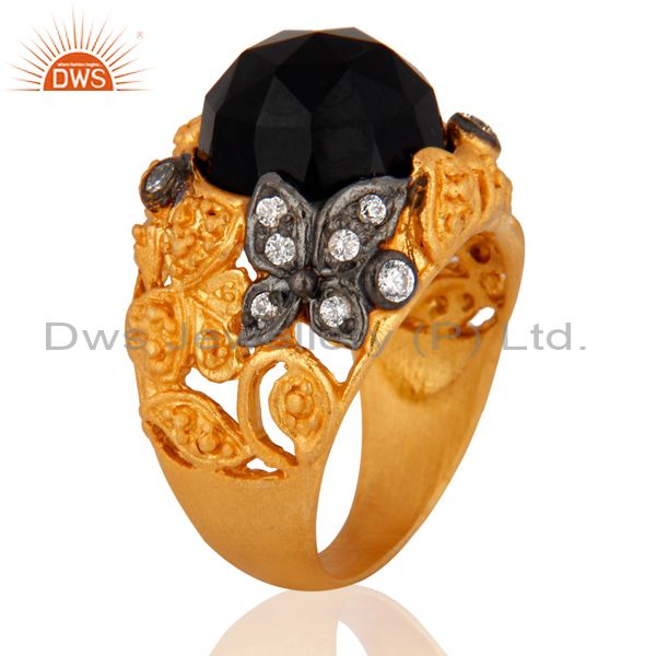 Suppliers 18K Yellow Gold Plated Black Onyx And Cubic Zirconia Cocktail Ring