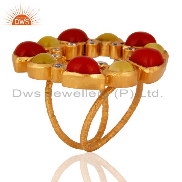 Suppliers Handmade Yellow Moonstone And Red Coral Cocktail Gold Plated Ring With CZ