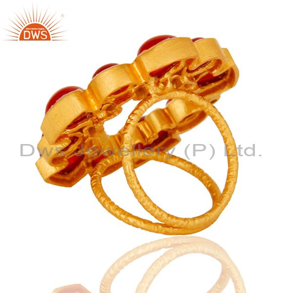 Suppliers Natural Red Aventurine 22K Yellow Gold Plated Split Shank Ring With CZ