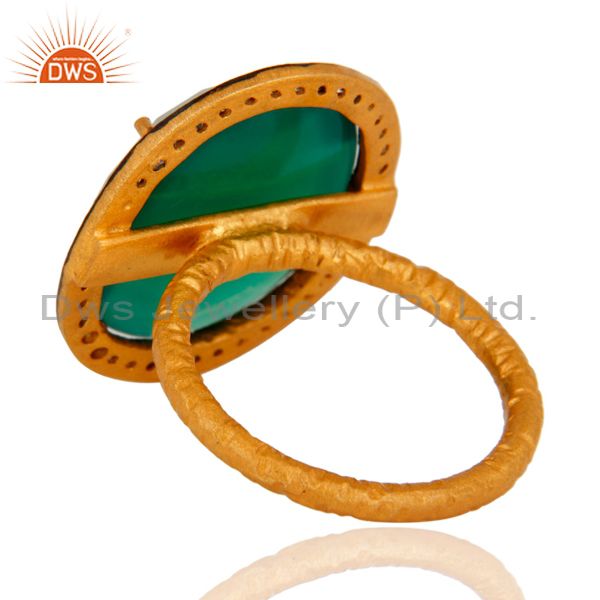 Suppliers Natural Faceted Green Onyx Gemstone Prong Set 22k Gold Plated Ring With CZ
