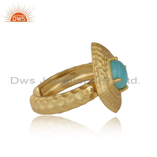 Hammered Aqua Chalcedony Set Gold On Silver Ethnic Bold Ring