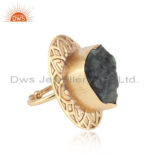 Handmade Textured Gold On Fashion Ring With Rough Emerald