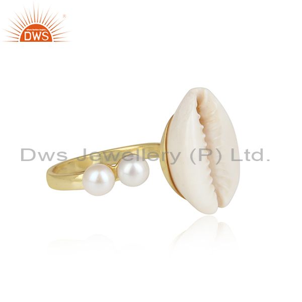 Double Pearl And Cowrie Brass Gold Adjustable Ring