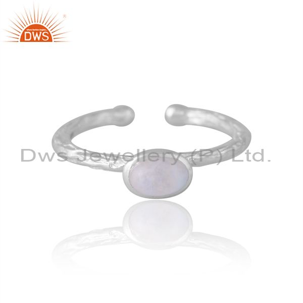 Silver White Ring With Oval Horizontal Rainbow Moonstone