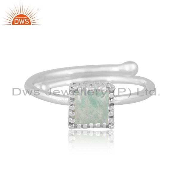 Silver White Ring With Amazonite Cabushion Square Cut Stone