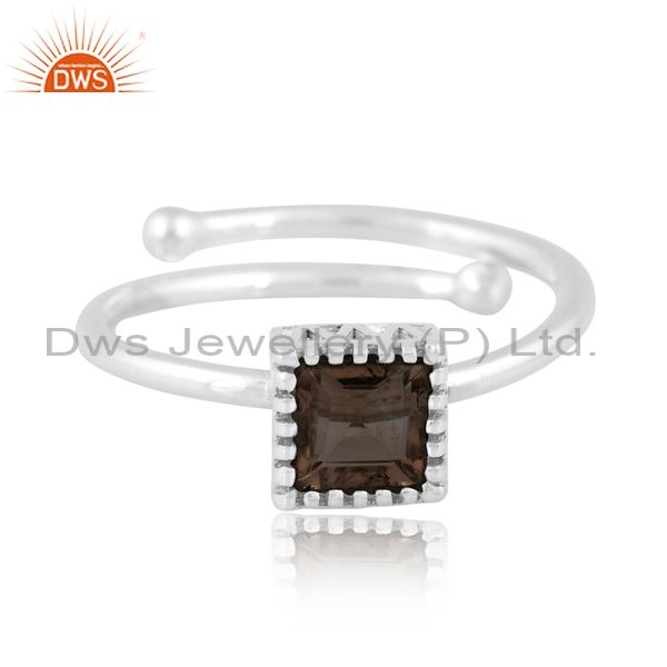 Adjustable Sterling Silver Ring With Smoky Square Cut Stone