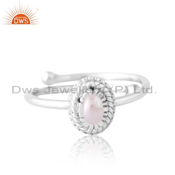 Sterling Silver Adjustable White Ring With Pearl Cabochon