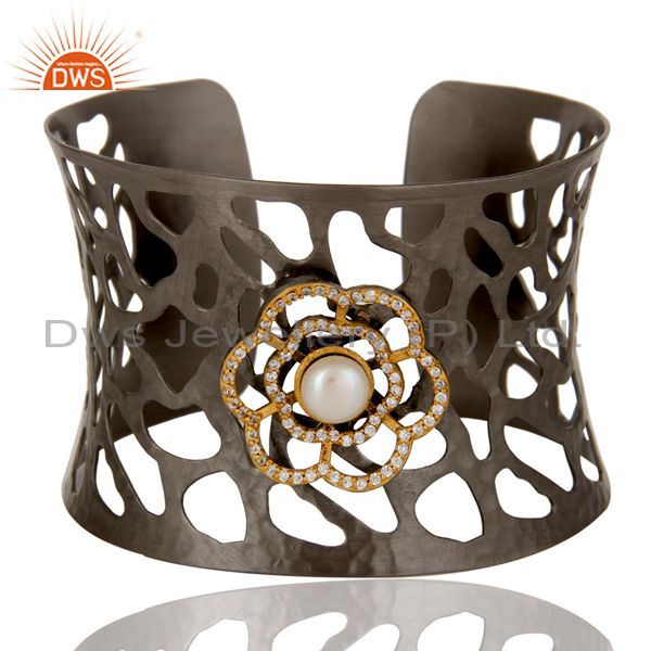 Suppliers Pearl and White Zircon Black Oxidized Filigree Hammered Wide Cuff Bangle