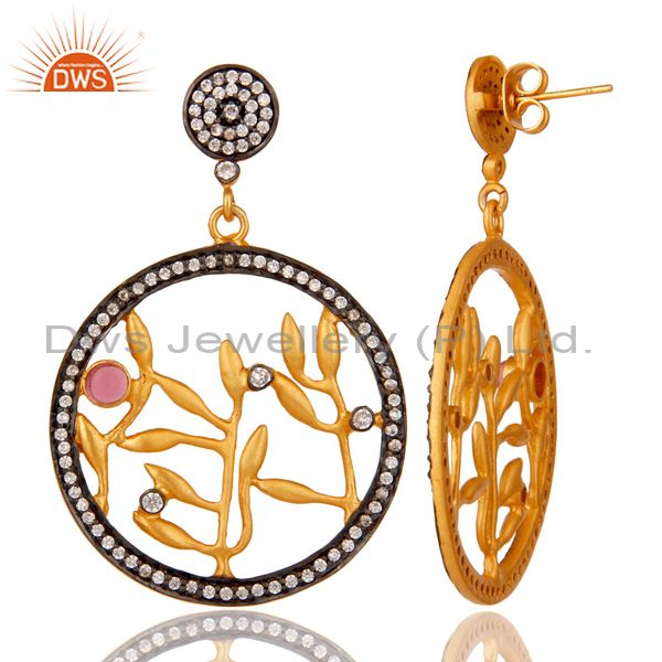 Suppliers Handmade Pave CZ and Pink Glass 18 k Yellow Gold Plated Fashion Dangle Earrings