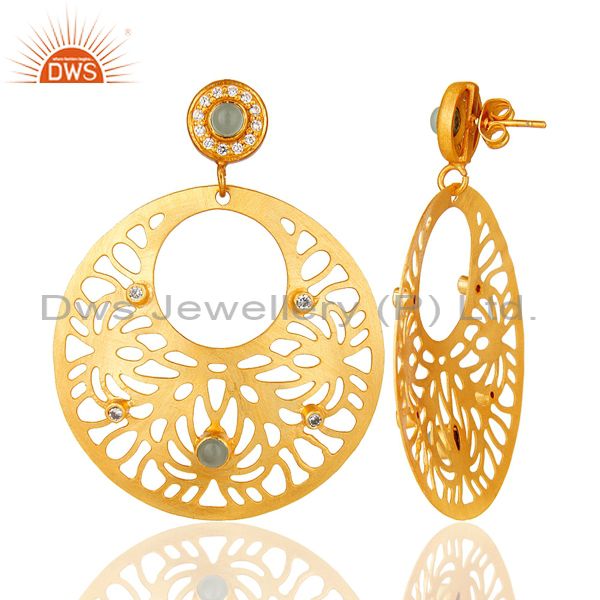 Suppliers 18K Yellow Gold Plated Brass Aqua Chalcedony And CZ Filigree Earrings