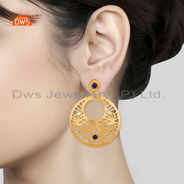 Suppliers 14K Yellow Gold Plated Blue Aventurine And CZ Filigree Design Earrings