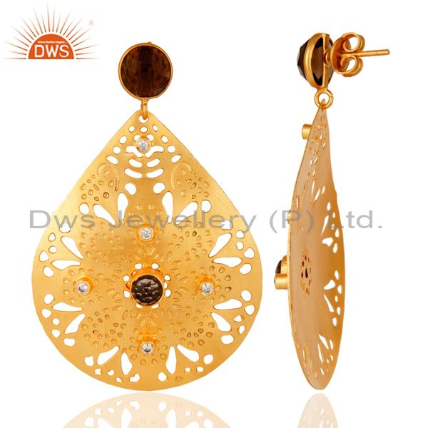 Suppliers 14K Yellow Gold Plated Smoky Quartz And Cubic Zirconia Unique Design Earrings