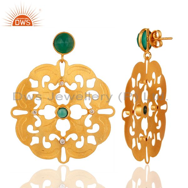 Suppliers Green Onyx Gemstone Handmade Earrings - Yellow Gold Plated Designer Jewelry