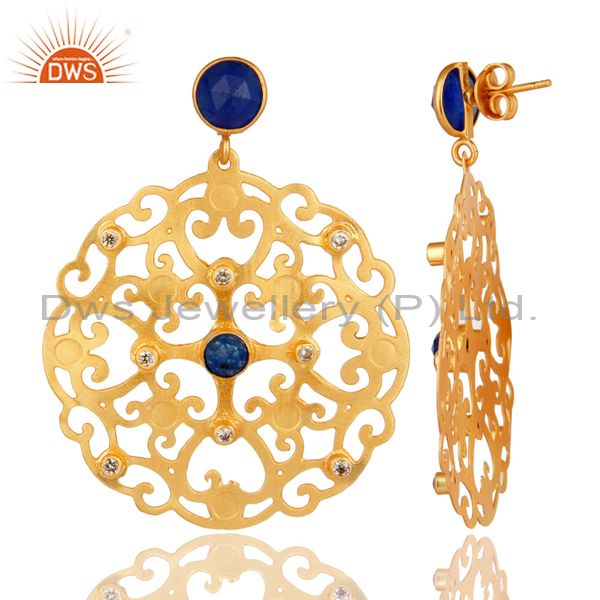Suppliers 24K Yellow Gold Plated Blue Aventurine Filigree Disc Designer Earrings With CZ