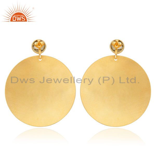 Suppliers Solid Brass Metal 18k Gold Toned Lemon Quartz Disc Design Circle CZ Stud Earring