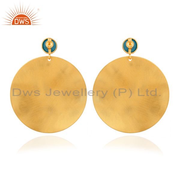 Suppliers Handmade Turquoise And CZ 22K Yellow Gold Plated Brass Disc Dangle Earrings