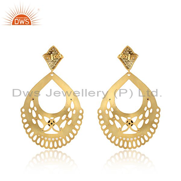 Suppliers 24K Yellow Gold Plated Brass Turquoise And CZ Filigree Design Drop Earrings