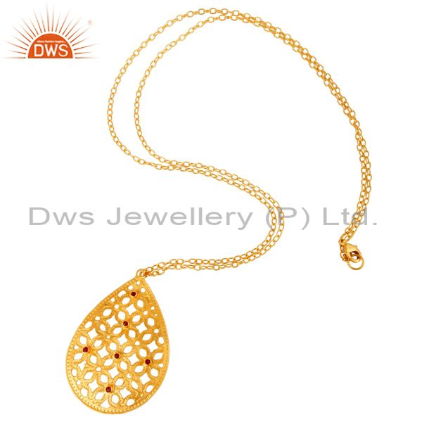 Suppliers 18K Gold Plated Brass Red Cubic Zirconia Filigree Pendant With 30" In Chain