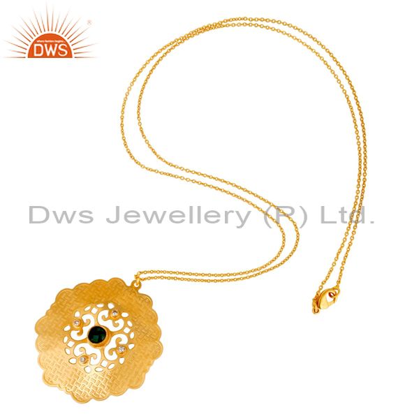 Suppliers 18K Gold Plated Brass Green Onyx And CZ Fashion Disc Pendant With Chain
