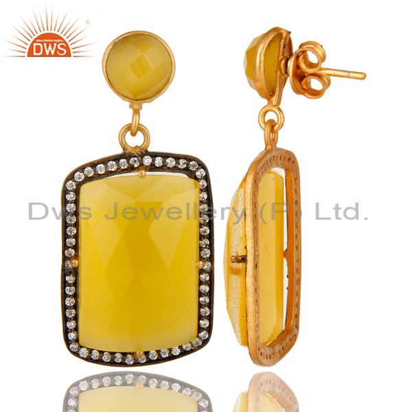 Suppliers 18K Yellow Gold Plated Yellow Moonstone Prong Set Dangle Earrings With CZ