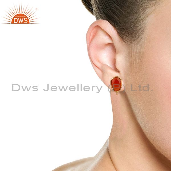 Suppliers 18K Yellow Gold Plated Red Onyx Stud Earring Jewelry Assesories Findings