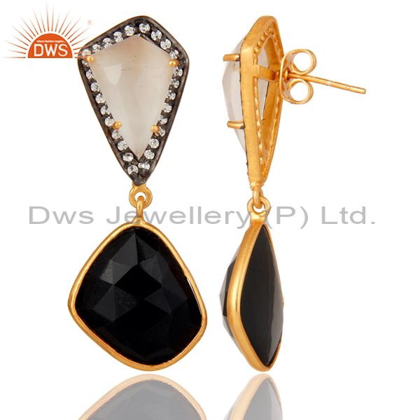 Suppliers White Moonstone Black Onyx and White CZ 18K Gold Plated Dangler Drop Earring